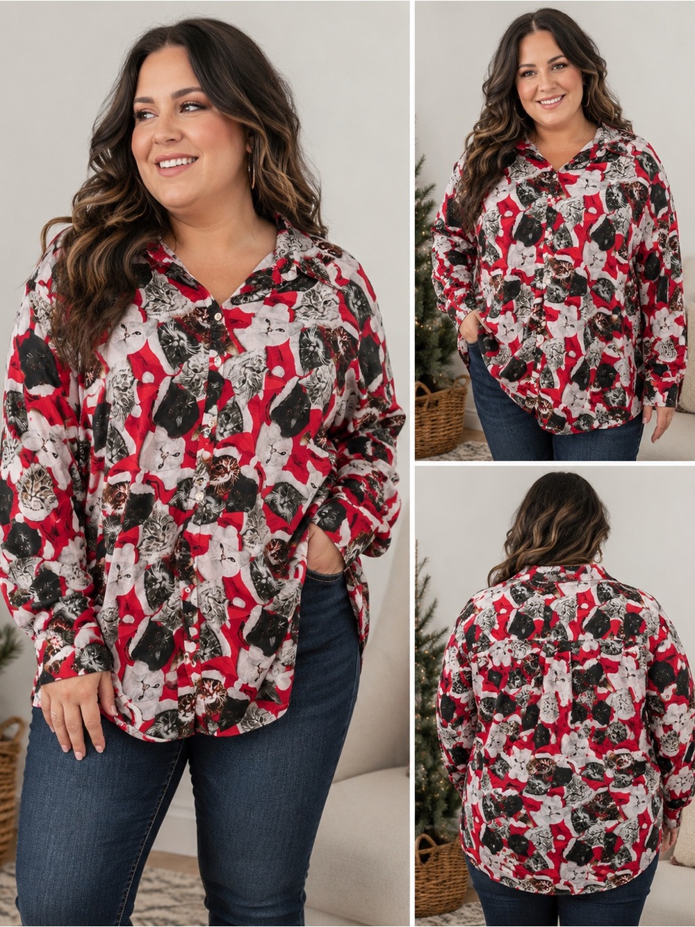North Pole Trading Co Christmas Cat Shirt 4XL Santa Cats Holiday Button Down